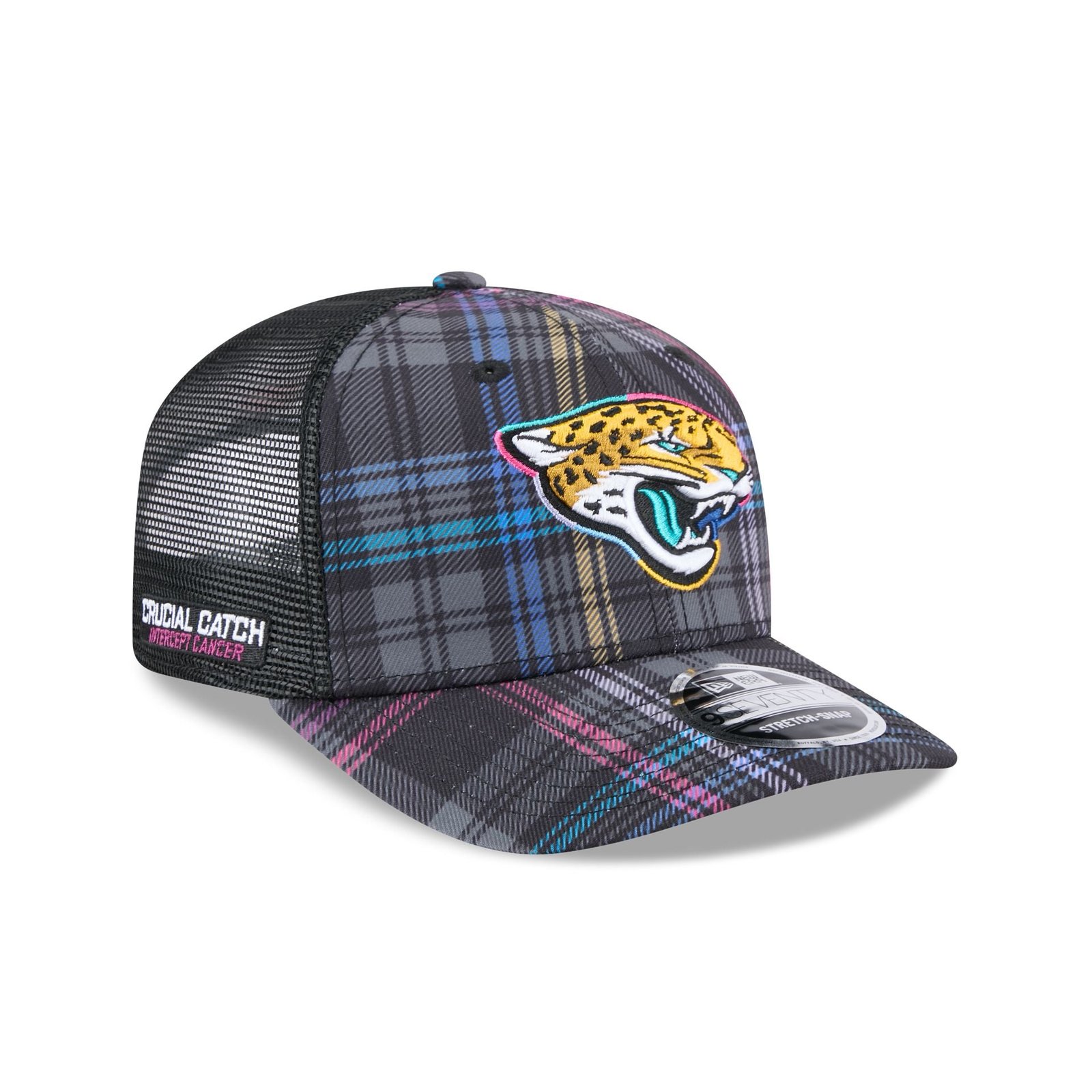 60583667_9SEVENTY_NFL24CC970_JACJAG_XMT_3QR.jpg Jacksonville Jaguars 2024 Crucial Catch 9SEVENTY Trucker Hat - Image 1